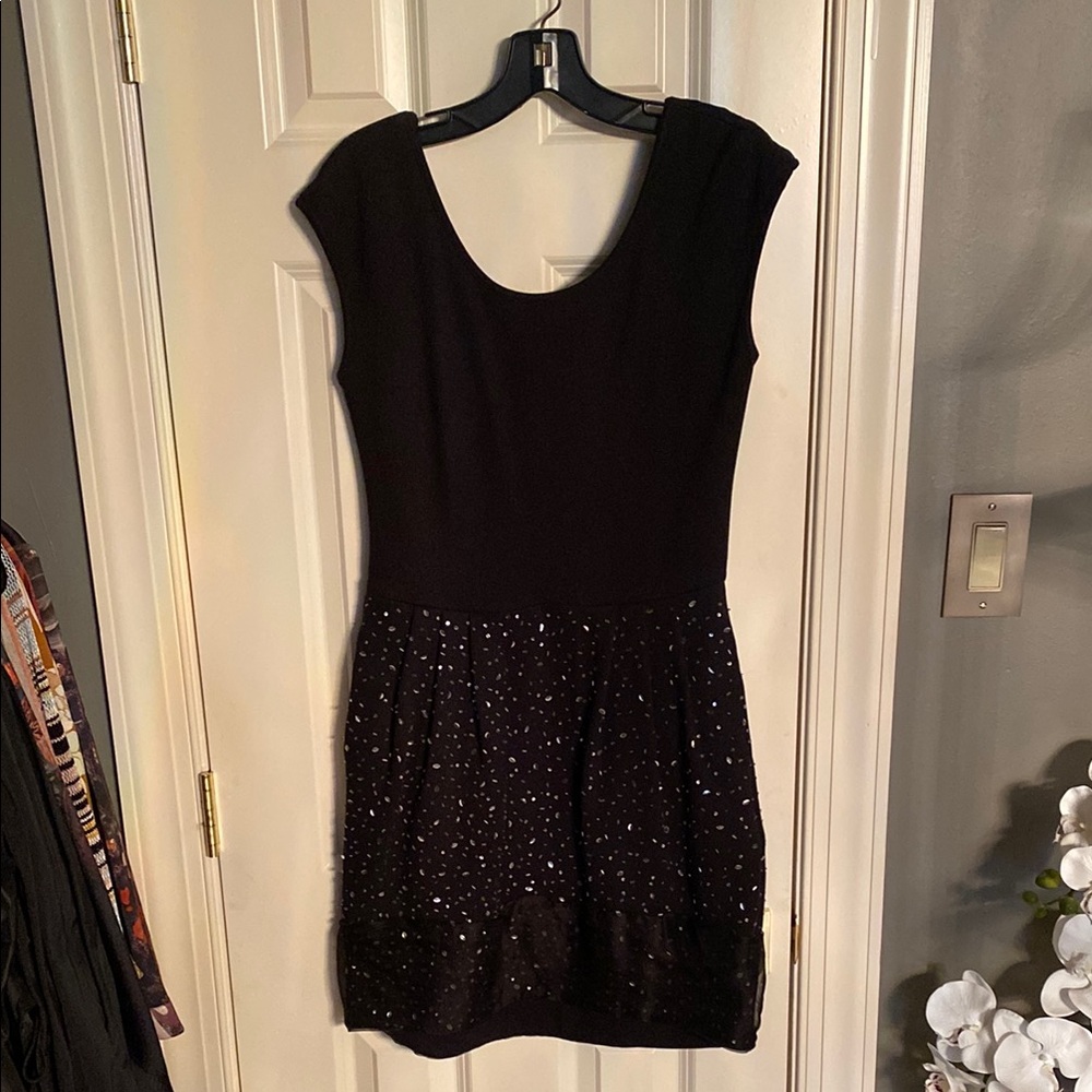 Black and Silver Sequin Fit and Flare Mini Dress with Cap Sleeves